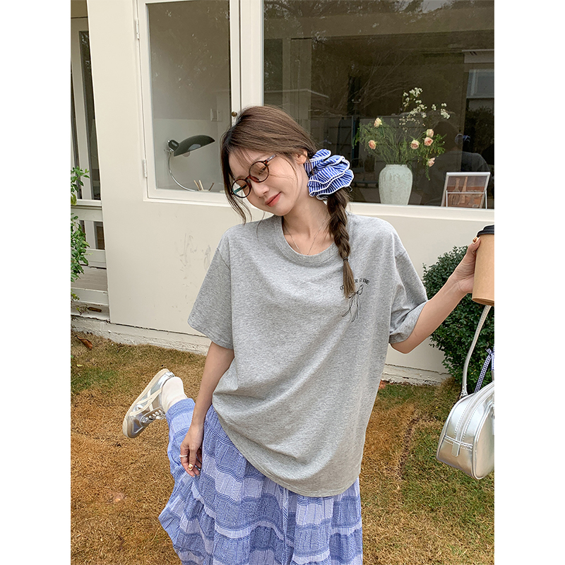 Real shot Korean version 2025 new fashion ins same style round neck loose bow printed short-sleeved T-shirt