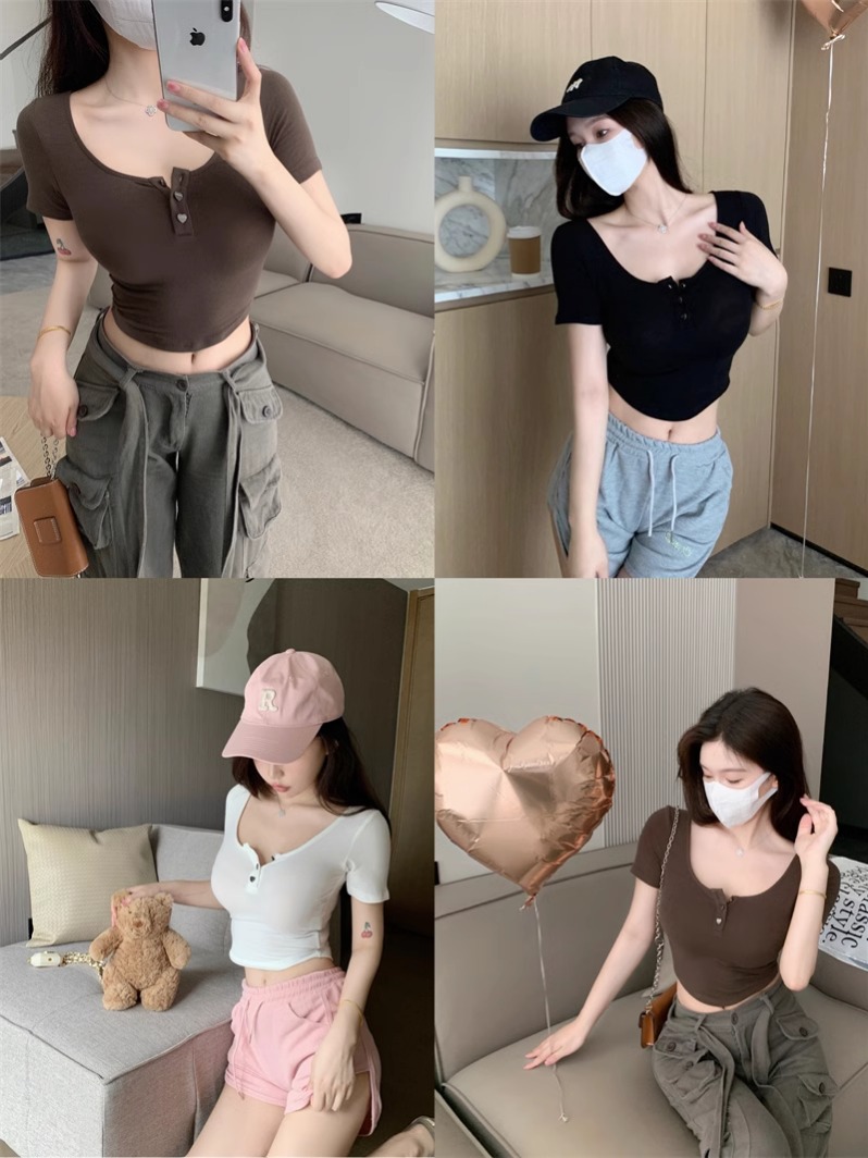 Real shot of new American retro short-sleeved T-shirt for female hot girl slim waist-hugging and slim shoulder top