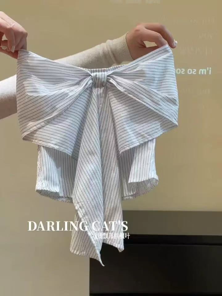 非實拍蝴蝶結黑色條紋抹胸背心修身辣妹無袖裹胸短款露背上衣