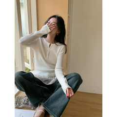 Real-shot base knit sweater buttons slim and slim design niche casual slim and versatile long-sleeved T-shirt