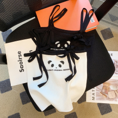 實拍小眾設計感甜美外穿內搭上衣熊貓印花短款吊帶背心抽繩背心