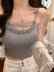 非實拍 性感蕾絲拼接美背上衣帶胸墊辣妹修身顯瘦短款小吊帶
