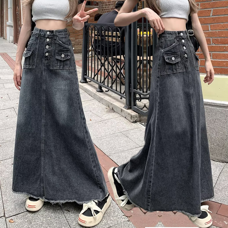 2025 Spring High-Waisted Frayed Denim A-Line Midi Skirt for Women - Korean Version, Ins Trendy Retro Design, Unique and Chic