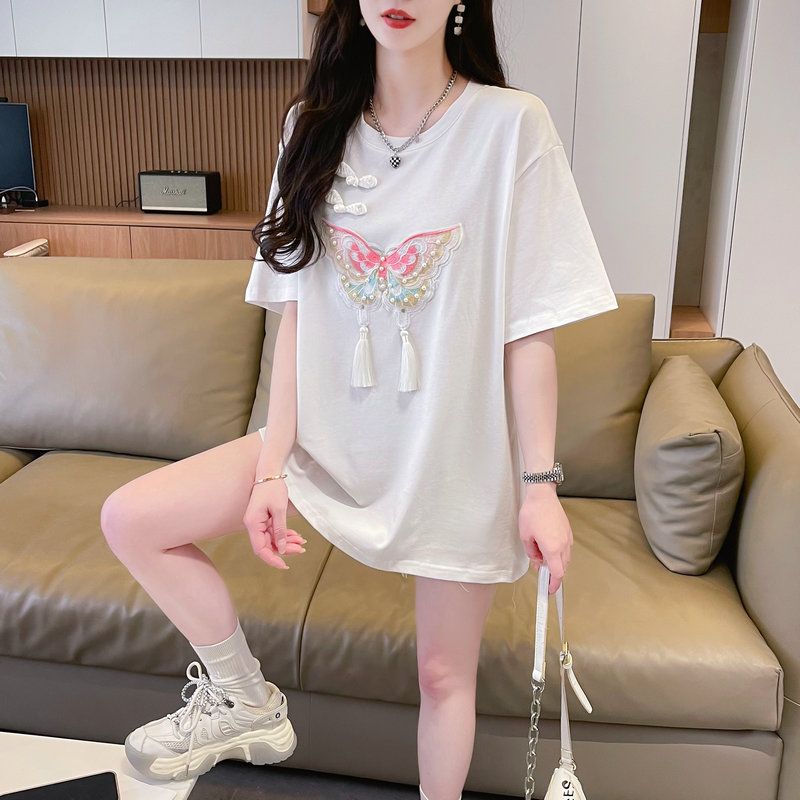Real photo of large-size short-sleeved T-shirt women's summer new Chinese style design bow embroidered top
