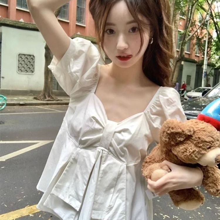 學生泡泡袖襯衫女短袖夏季韓版寬鬆顯瘦設計感短款方領純色上衣女
