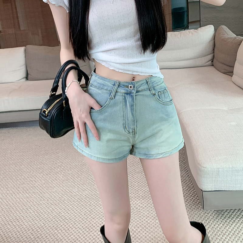 Real shot~ Blue plump denim shorts for women in summer retro high waist casual straight pants hot pants