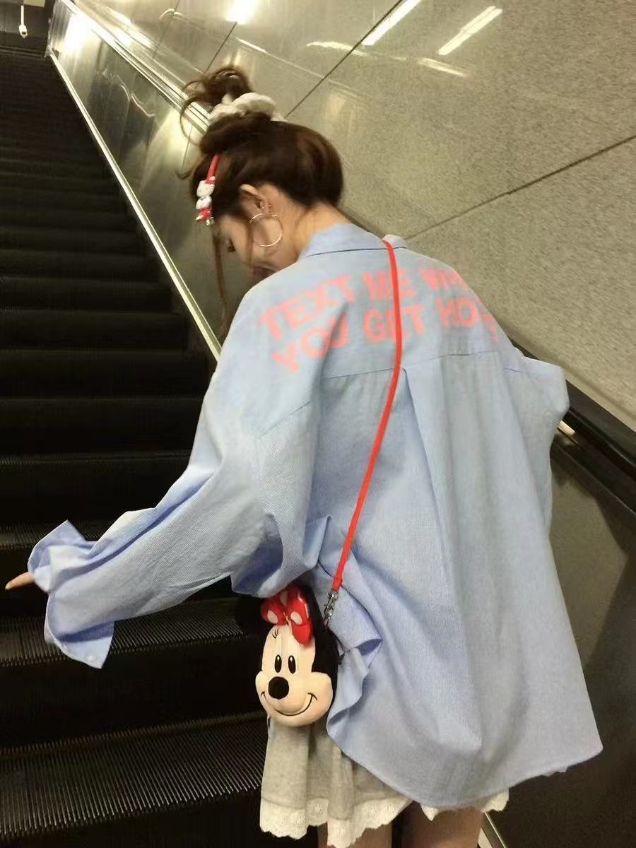 Korean casual loose lazy style shirt jacket women oversize letter print blue striped long-sleeved shirt