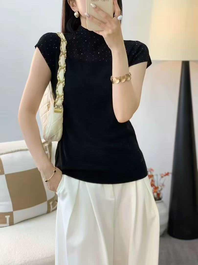 Xiaoyi high-end European goods 2025 new women's fashion sleeveless bright diamond solid color versatile sweater for women