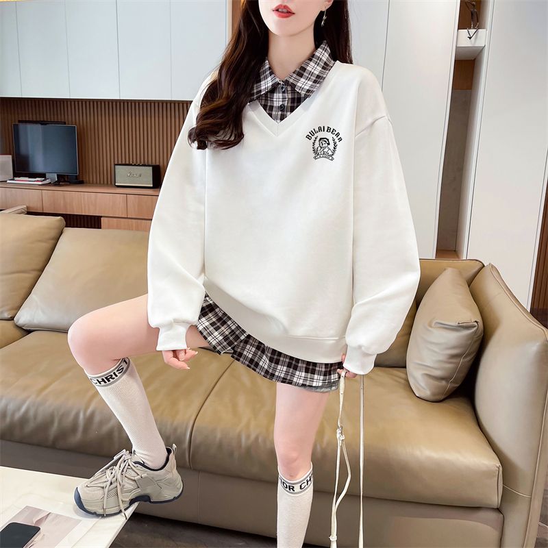 Real shot of plaid polo neck fake two-piece sweatshirt for women's new spring and autumn fashionable age-reducing loose design top