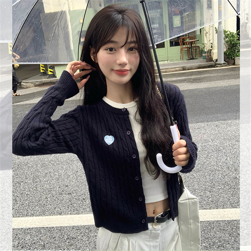 Navy blue twist knitted cardigan jacket for women's autumn high-end Korean exterior sweater unique top