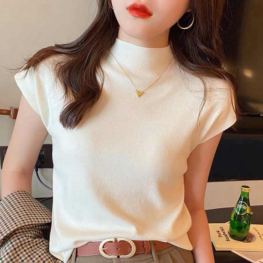 Half turtleneck base shirt for women with new short-sleeved sweater slim spring and autumn thin vest short top