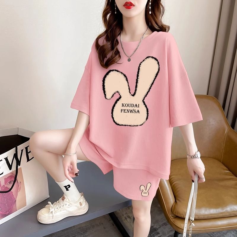 Real photos and smooth cotton casual sportswear suits for summer new style student shorts T-shirts large size two-piece set women's fashion