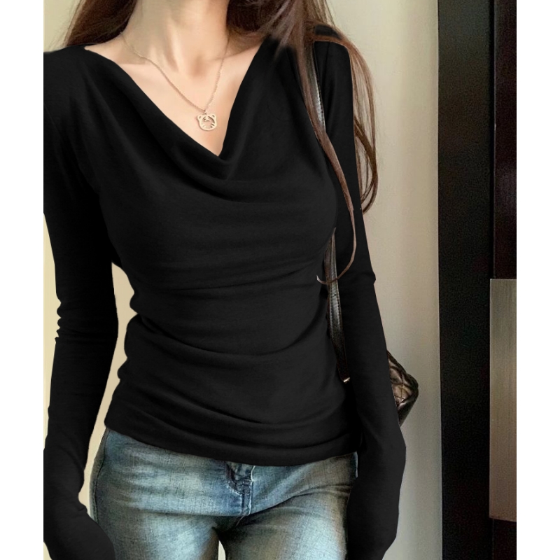 2025 spring clothing new French gentle style Korean style outfit design swaying neck long-sleeved T-shirt women's base knitted sweater