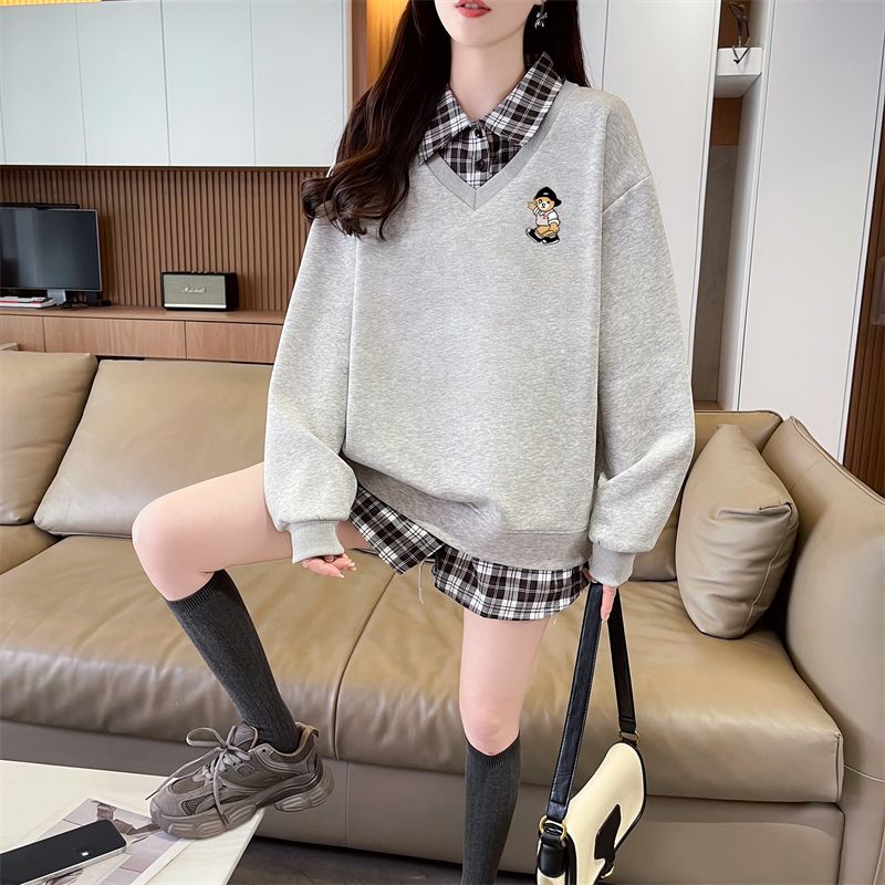 Real shot of plaid polo neck fake two-piece sweatshirt for women's new spring and autumn fashionable age-reducing loose design top