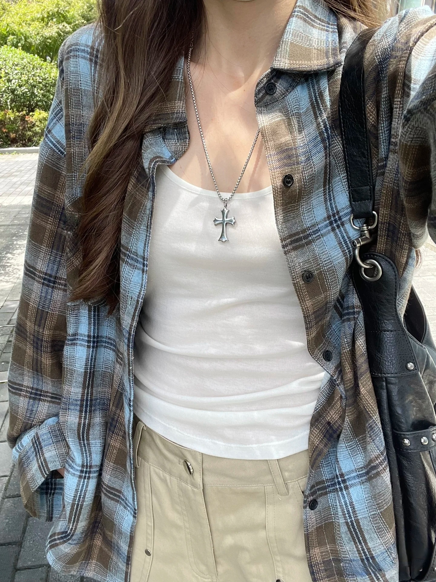 非實拍美式復古格子襯衫新款設計感小眾寬鬆長袖內搭襯衣外套