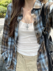 Vintage American-Style Plaid Shirt with New Design, Unique and Loose Long-Sleeve Top for Layering as an Outerwear