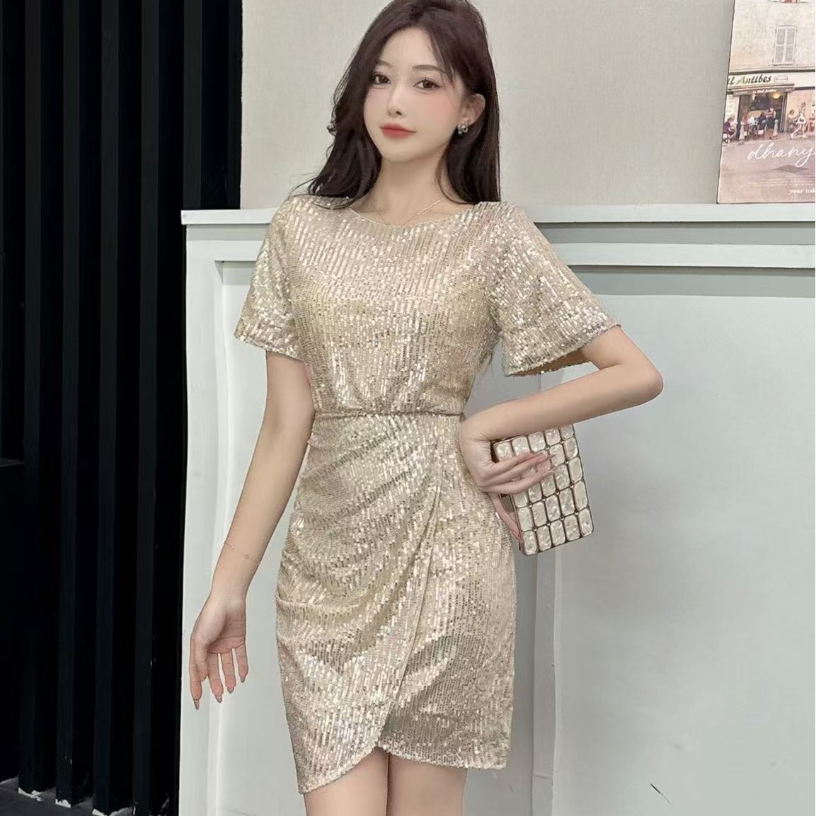 Real shot of new night scene sexy slim evening dress dress with celebrity temperament sequin dress for women