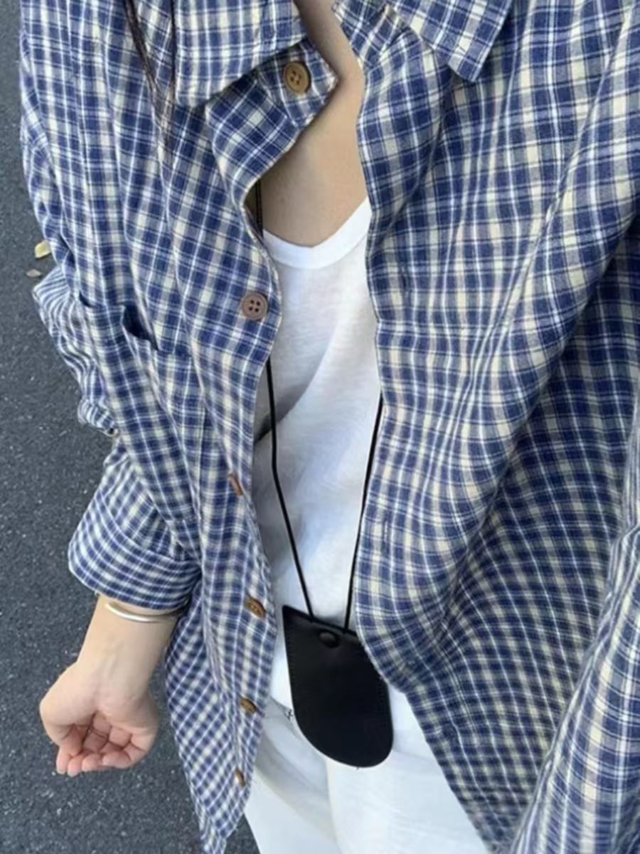 非實拍 韓版藍色格子襯衫春季新款慵懶風寬鬆顯瘦外搭上衣潮