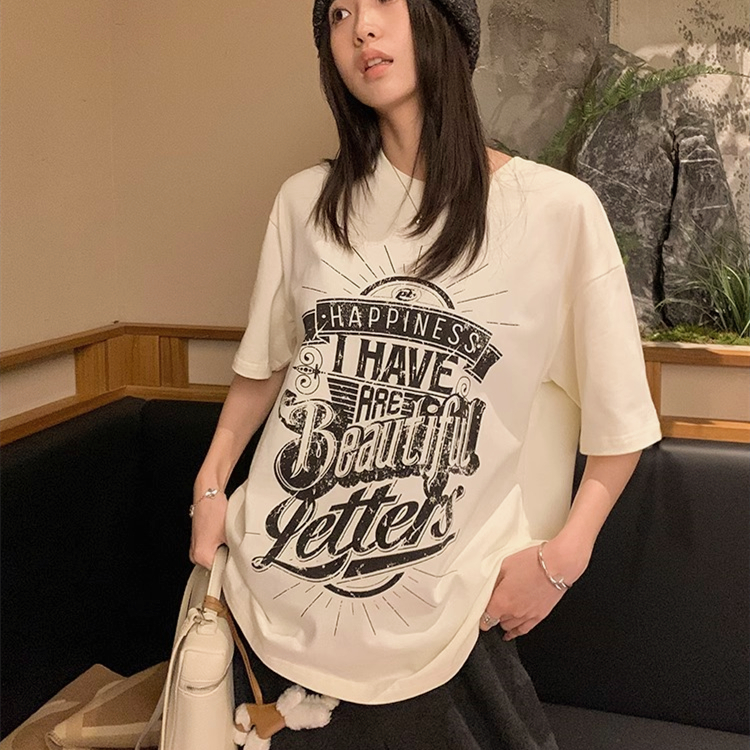 韓國chic純棉後包領2025夏季新款韓版美式印花寬鬆版短袖T恤女潮
