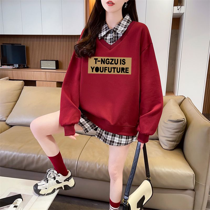 Real shot of plaid polo neck fake two-piece sweatshirt for women's new spring and autumn fashionable age-reducing loose design top