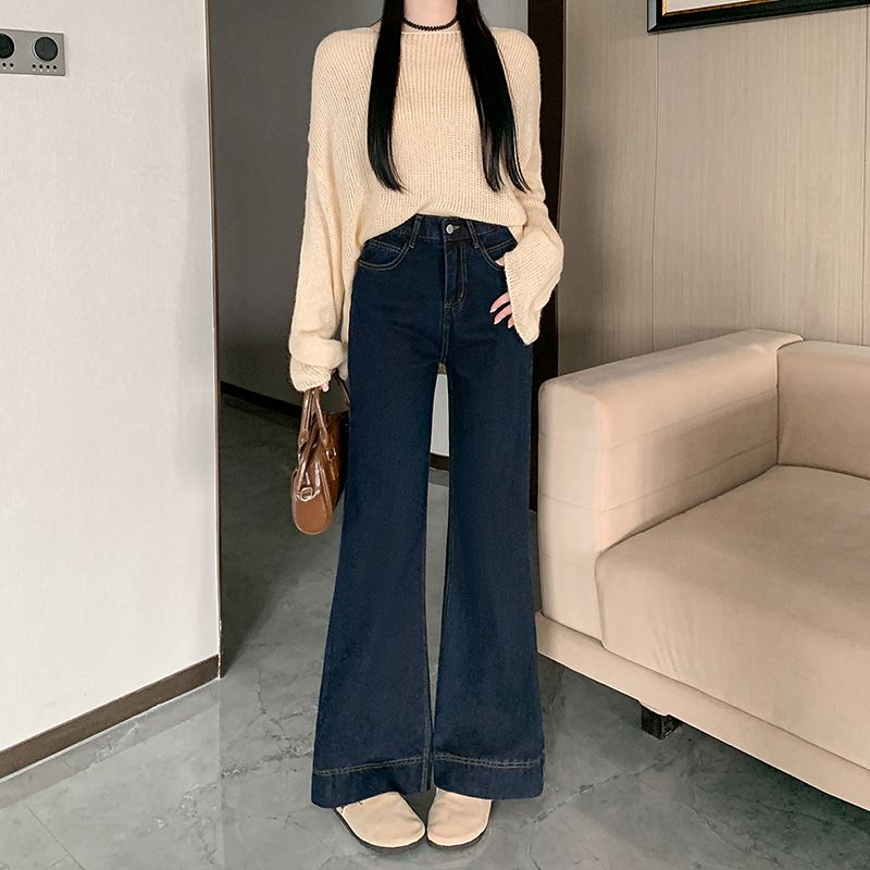 Real shot~ Dark blue flare jeans for women in autumn and winter new high-waisted horseshoe denim bell-bottom pants