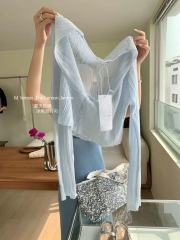 非實拍 藍色冰絲短款防曬針織開衫夏季V領空調衫薄披肩小衫潮