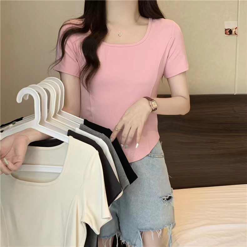 Real shot 1*1 threaded short-sleeved T-shirt for women's summer 2025 short solid color trendy square collar top