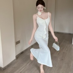 Real shot of sexy lady V-neck suspender dress for women with fashionable temperament pink waist-hugging slim sleeveless long skirt