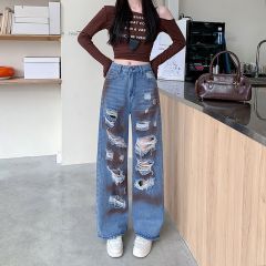 Real shot~2025 new summer tie-dyed and slim high waist straight high street design ripped jeans for women