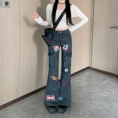 Real shot~Design-sensual design style old-fashioned printed micro-flare long pants for women's new mid-low waist work jeans