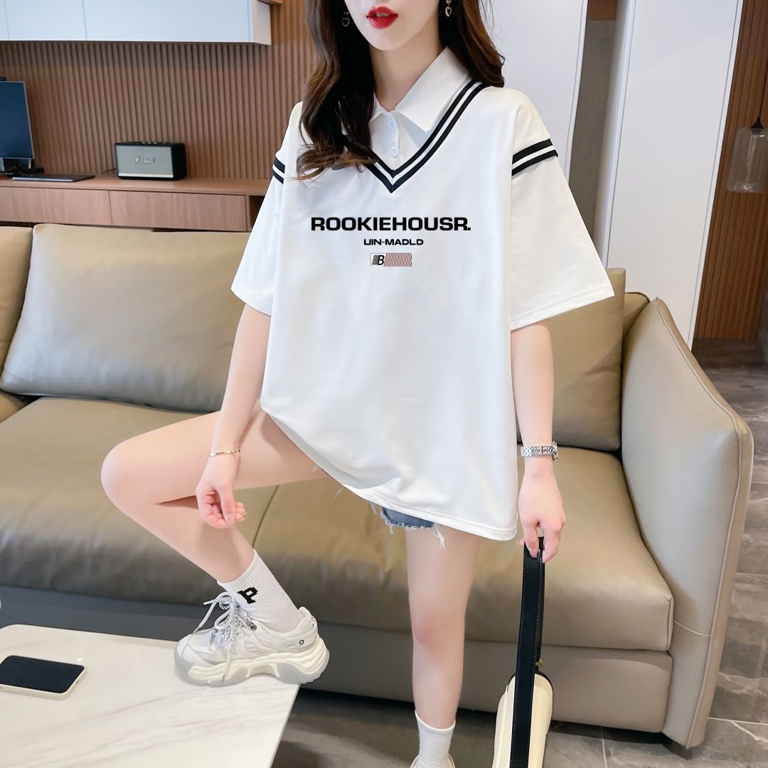 Real shot of polo neck fake two-piece T-shirt large-size women's new summer fashionable age-reducing loose short-sleeved top trendy