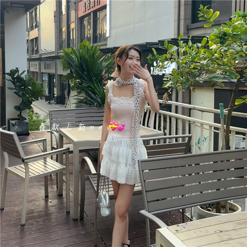 New pure and gentle lace bow slim elastic short pit strip sleeveless vest suspender women