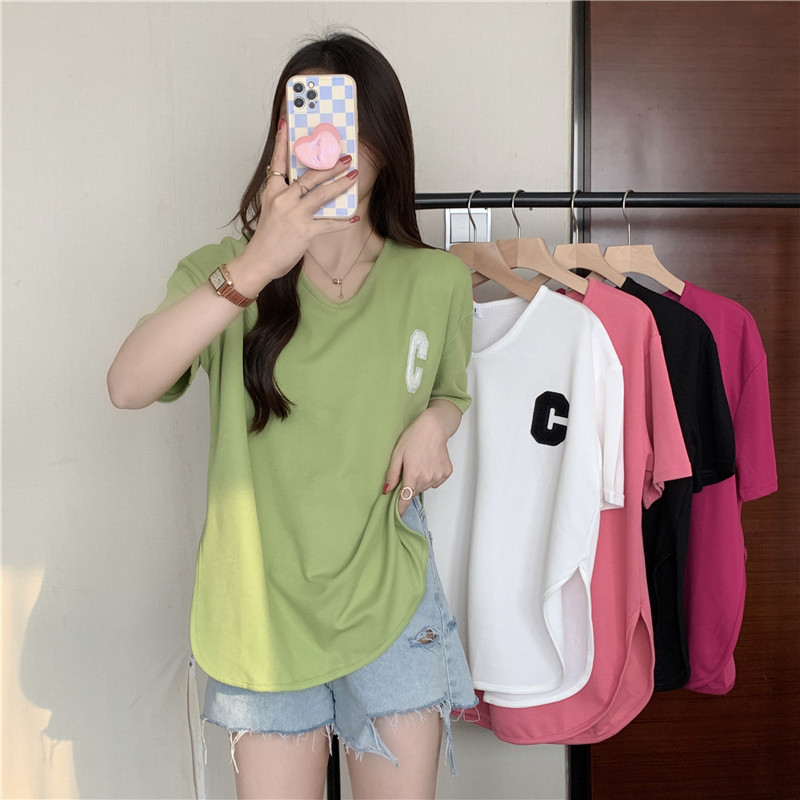 Real shot of pure cotton loose hem short-sleeved T-shirt for women