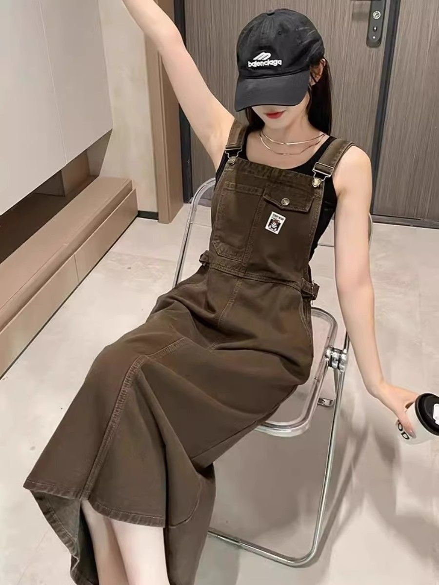 韓國chic氣質工裝牛仔背帶裙女新款春夏寬鬆顯瘦可愛設計開叉裙潮