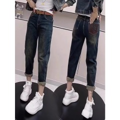 大碼彈力哈倫牛仔褲女春秋胖mm寬鬆高腰顯瘦九分直筒老爹蘿蔔褲子