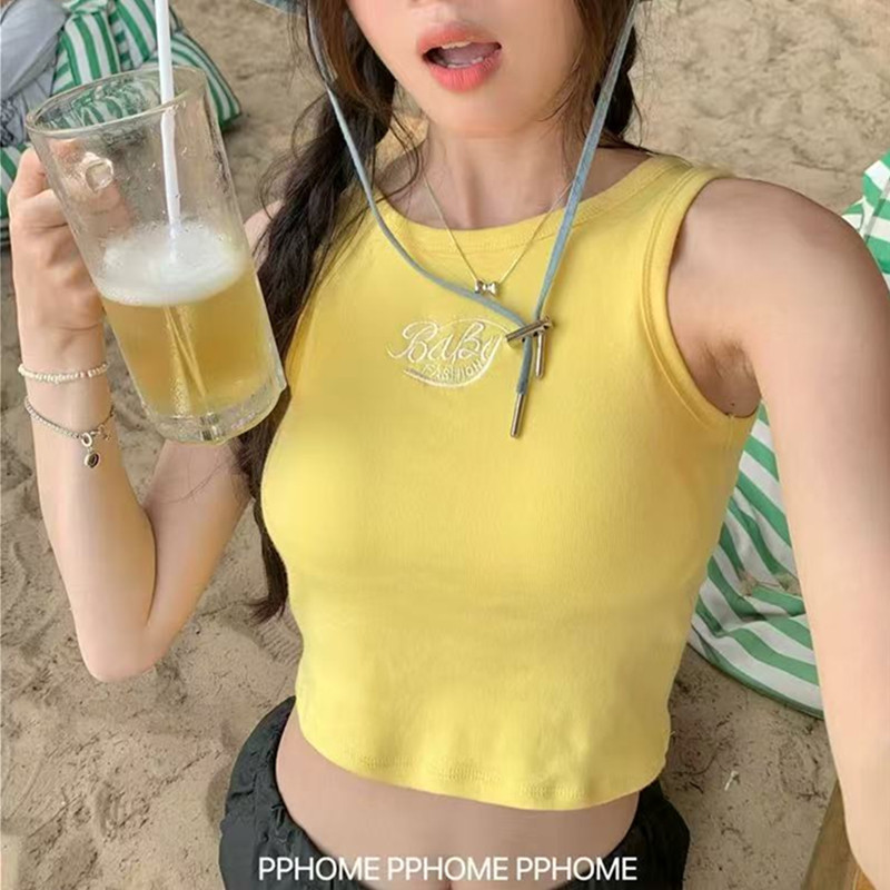 非實拍 夏帶胸墊多巴胺彩色背心字母刺繡外穿奶藍色美背上衣