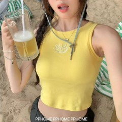 非實拍 夏帶胸墊多巴胺彩色背心字母刺繡外穿奶藍色美背上衣