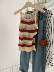 實拍BeerBro 氛圍感彩色條紋鏤空毛織背心美式甜辣風短款內搭打底