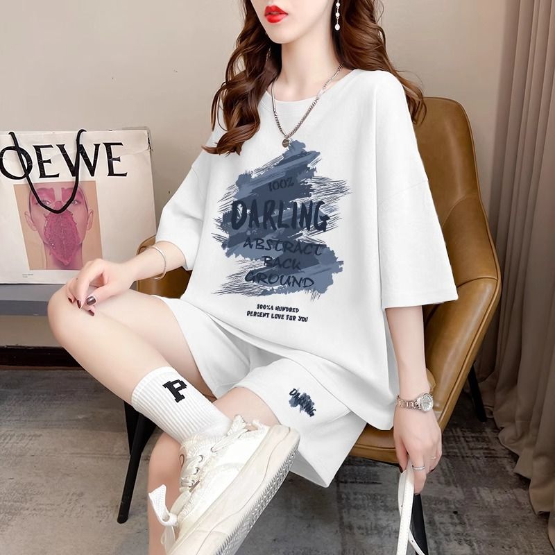 Real photos and smooth cotton casual sportswear suits for summer new style student shorts T-shirts large size two-piece set women's fashion