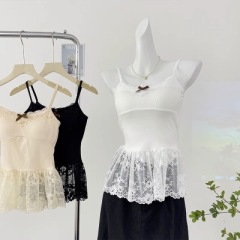 辣妹純欲蕾絲拼接吊帶背心女春季2025新款小眾蝴蝶結鏤空裙擺上衣