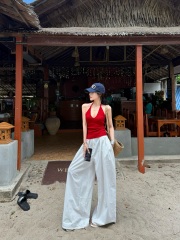 實拍 休閒針織掛脖吊帶v領修身顯瘦背心高腰闊腿休閒褲