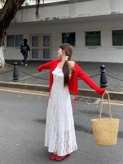 Real-life French pure lace suspender dress for women design long-sleeved vacation + red irregular shawl