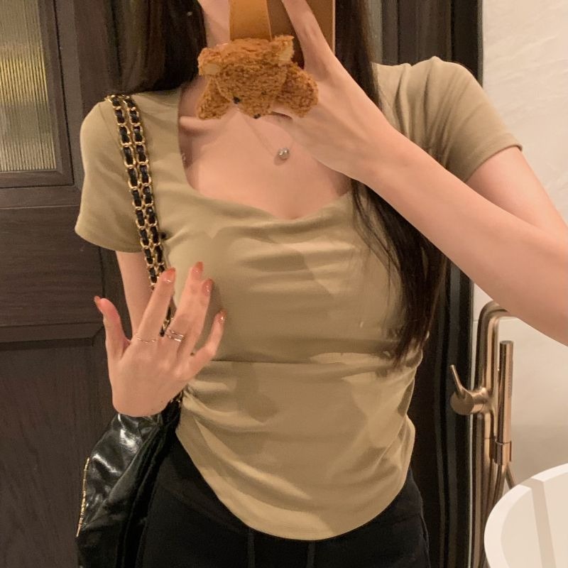 實拍  40支純棉210克92棉/8氨綸褶皺短袖T恤女桃心領