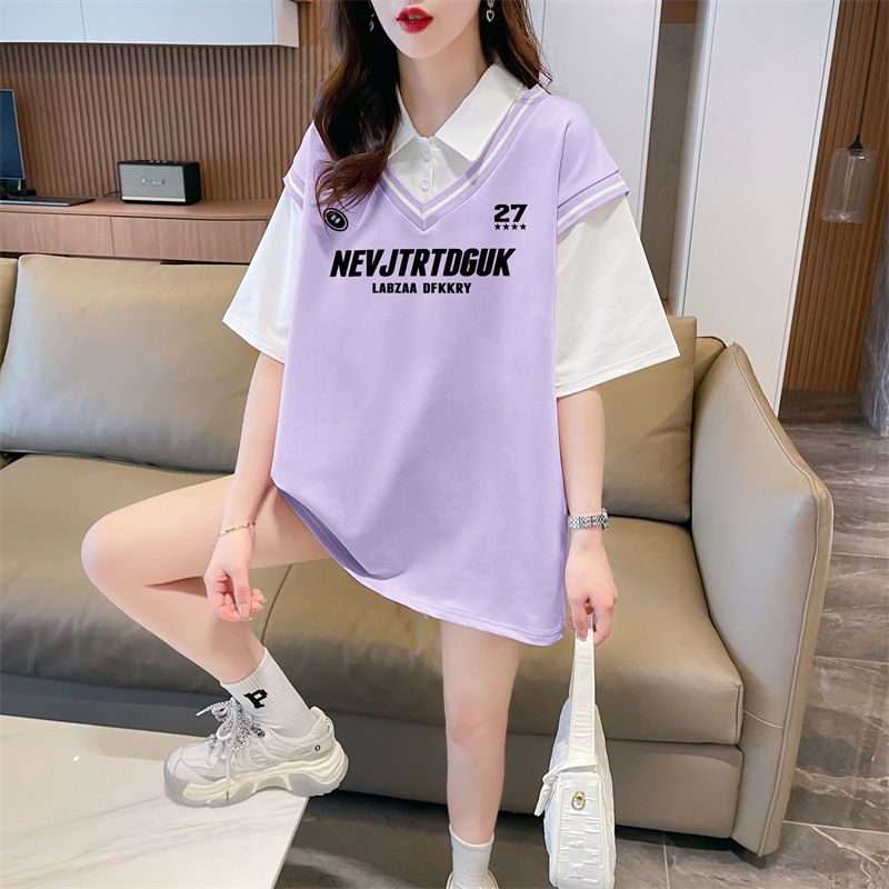 Real shot of polo neck fake two-piece T-shirt large-size women's new summer fashionable age-reducing loose short-sleeved top trendy