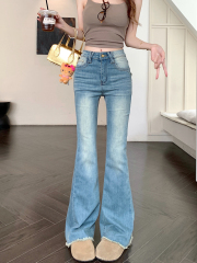 實拍#新款修身彈力牛仔長褲女設計感袋蓋毛邊微喇叭拖地褲子