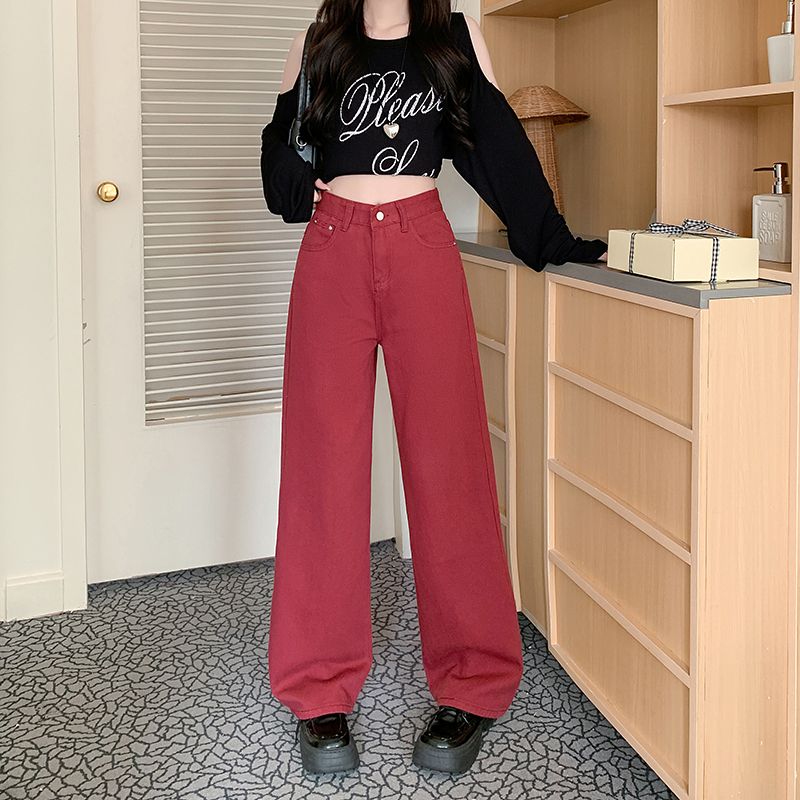 Real shot~Encore red wide-leg jeans for women's new high-waist slimming draped straight and loose floor pants