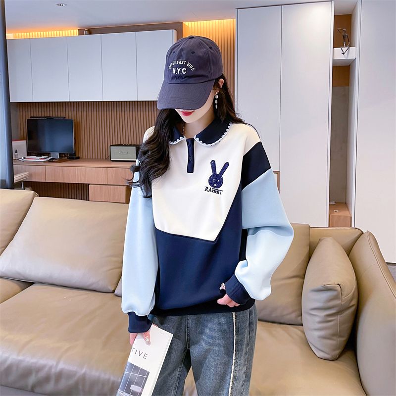 Real shot of polo neck contrasting sweatshirt for women in spring and autumn new loose Korean version with small design niche top