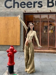 American retro pleated workwear wide-leg jeans for women's spring new high-waisted slim leaves yellow straight pants