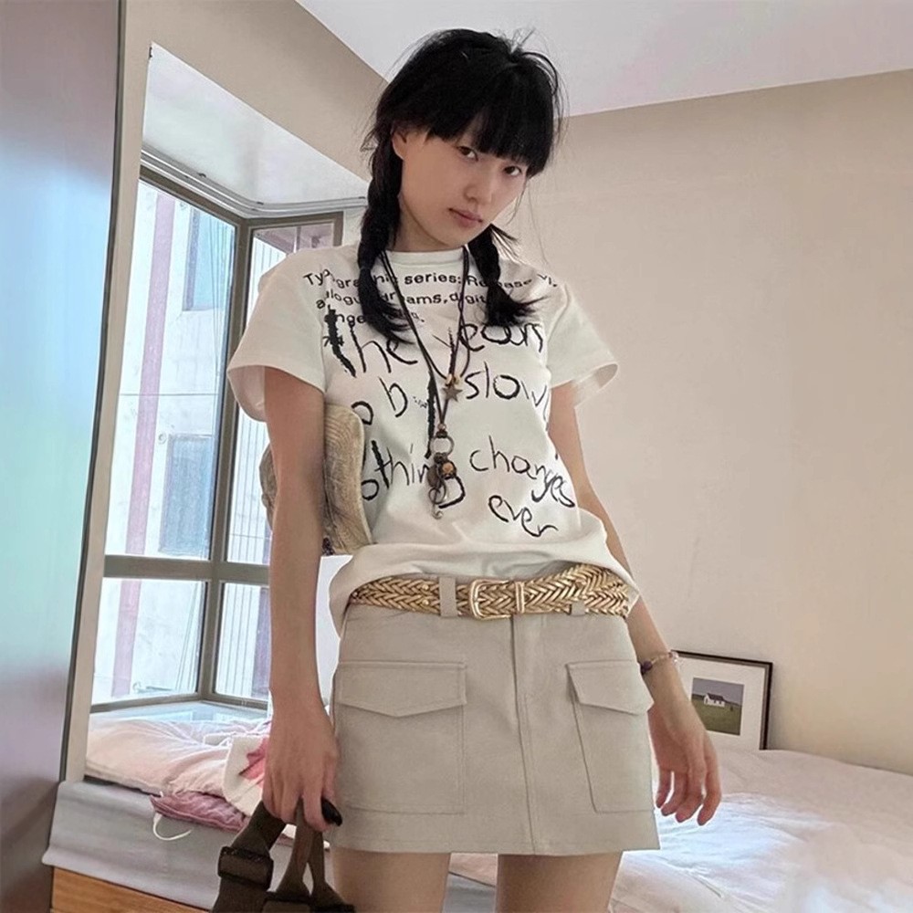 韓國chic純棉後包領夏季新款韓版美式印花修身高彈辣妹短袖T恤女