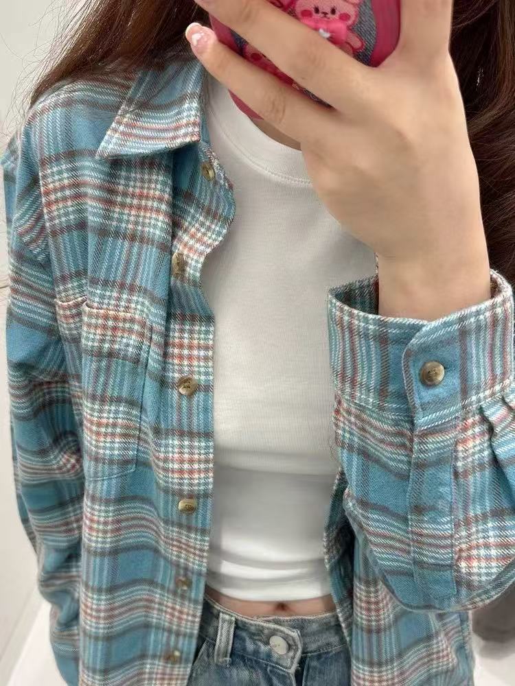 非實拍 格子襯衫女慵懶風休閒中長款遮肉襯衣防曬衫長袖上衣